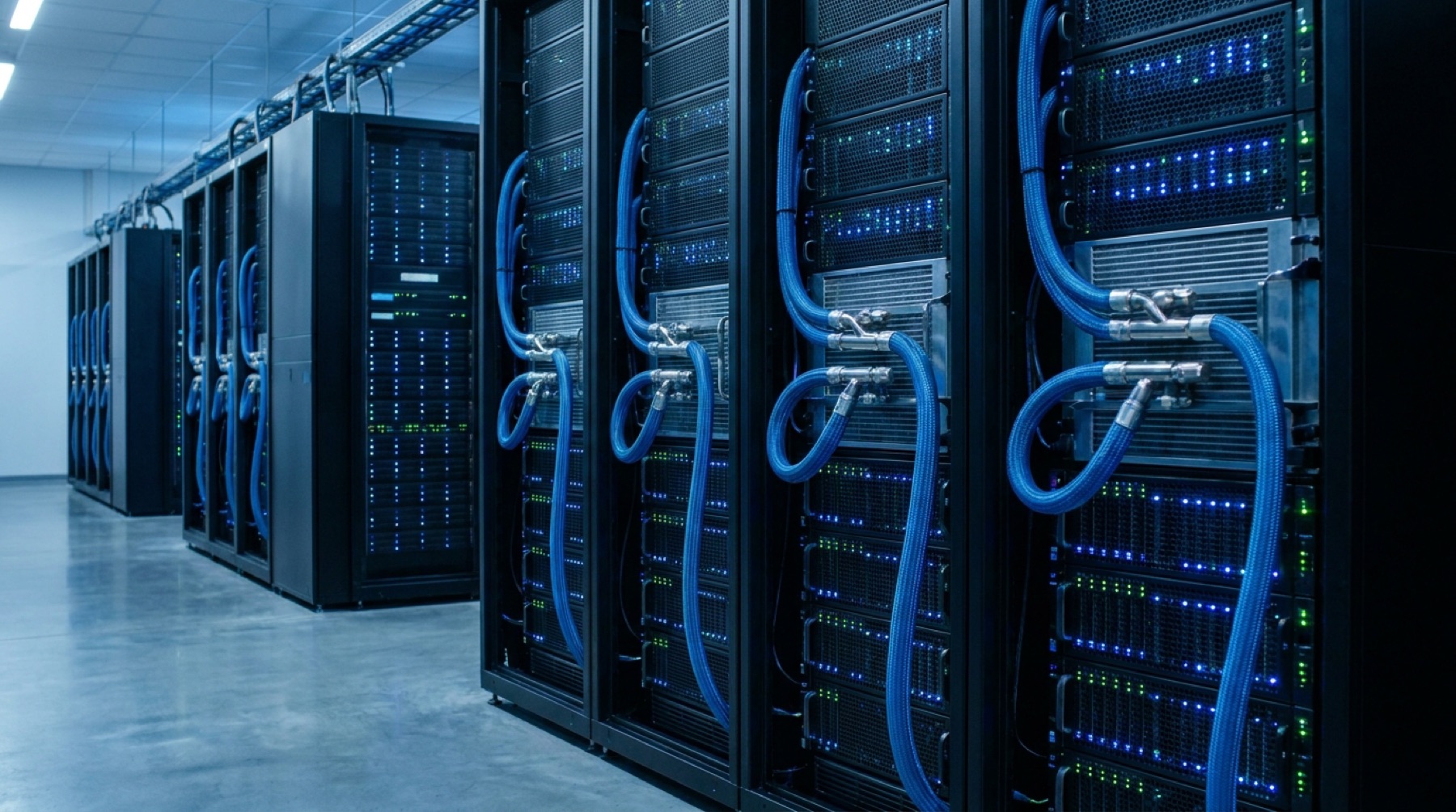 Pasillo de racks con refrigeración líquida en el interior del centro de datos