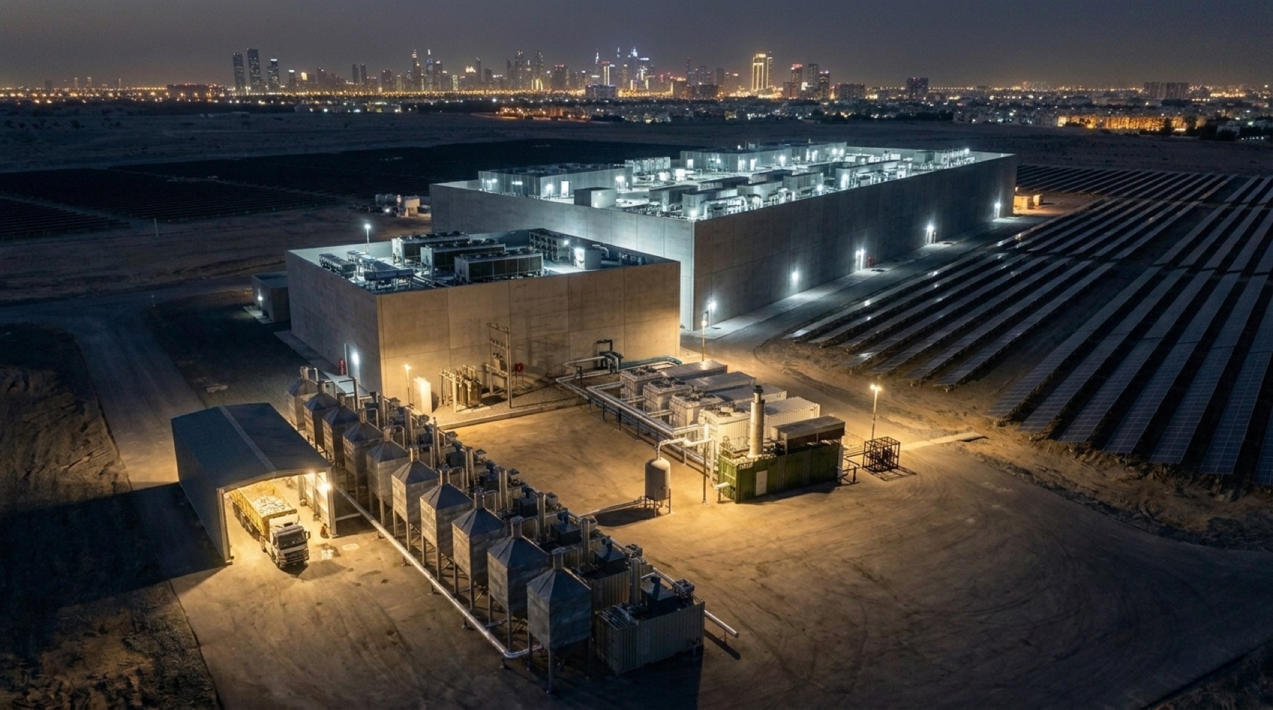 El campus de noche, con las luces del centro de datos encendidas y las unidades en contenedor en primer plano
